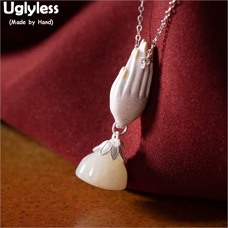 

Uglyless Openable Buddhistic Praying Hands Pendants +Chains Holy Flowers Lotus Necklaces for Women Natural Jade Agate Lotus P737