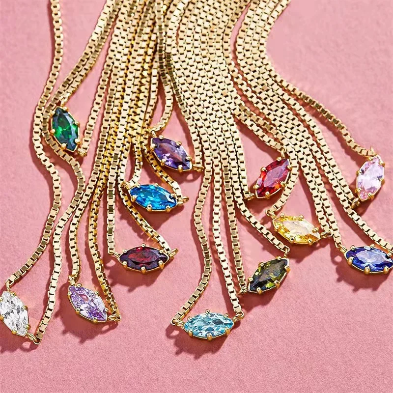 

New Ins Multicolor Crystal Eye Shape Geometric Pendant Necklace Copper Plated Gold Box Chain for Women Girls Party Jewelry 2021