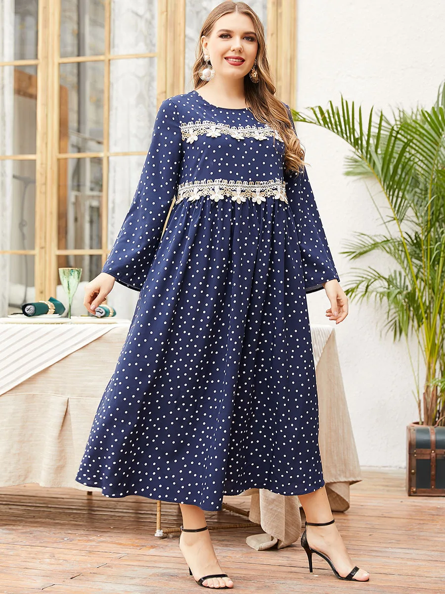 

Plus Size Dubai Women's Long Sleeve Middle East Fashion Commuter Blue Dot Print Lace Contrasting Color Stitching Muslim Dress Ca