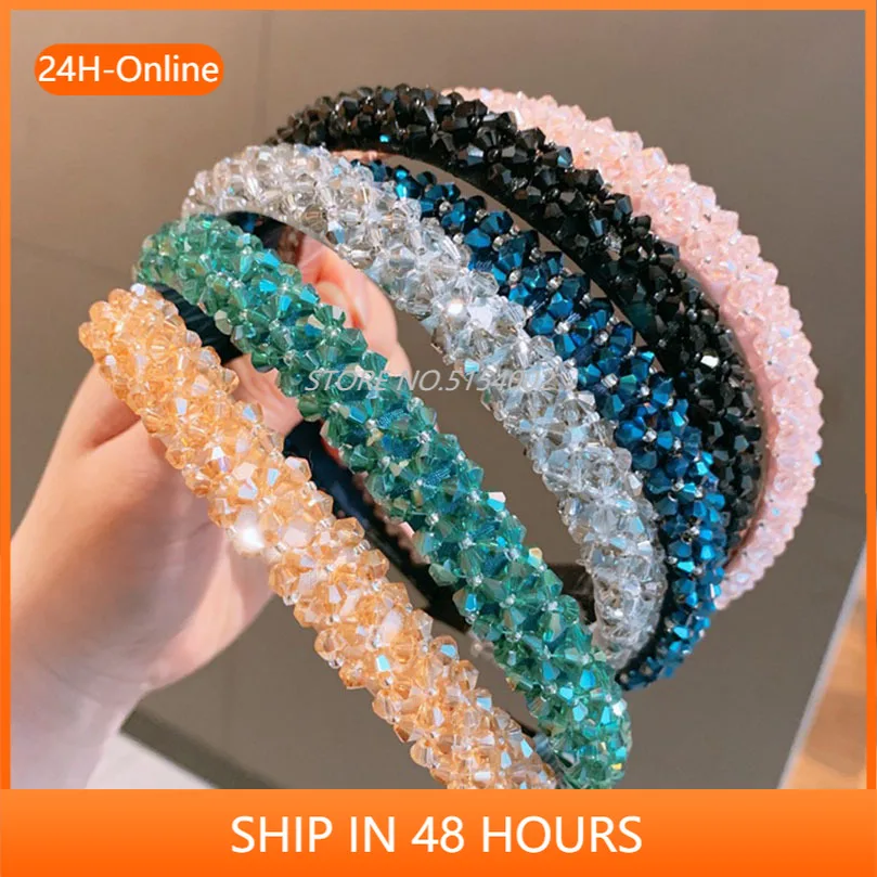 

Solid Color Luxury Rhinestone Headband Women Beads Bezel Hair hoop Korea Hairband Girls Bride Wedding Hair Accessories Hairband