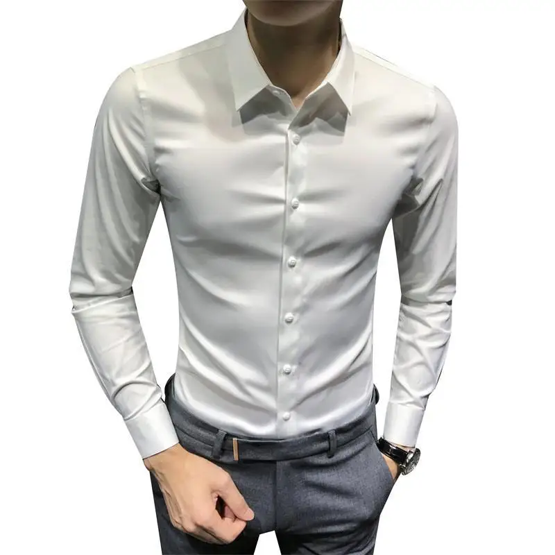 

Chemise à manches longues solide et cintrée pour hommes, décontractée, en coton, adaptée, à la mode, blanc, noir, 2021