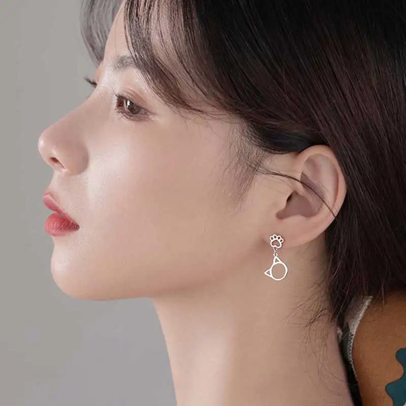 

XIAOBOACC S925 Silver Women Stud Earrings 2021 Trend Korean Fashion Cute Animal Cat Head Hanging Earrings