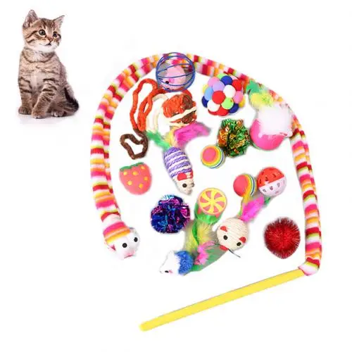 Multicolor 16 шт. Красочные Кошки перо игрушечная мышь палочка Прорезыватель палочка кольцо для Бала Забавный Тренировочный Набор игрушек для домашних животных - Цвет: Multicolor