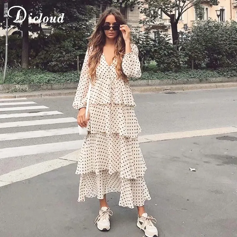 DICLOUD винтажное длинное платье в горошек для женщин Осень зима с рюшами длинным