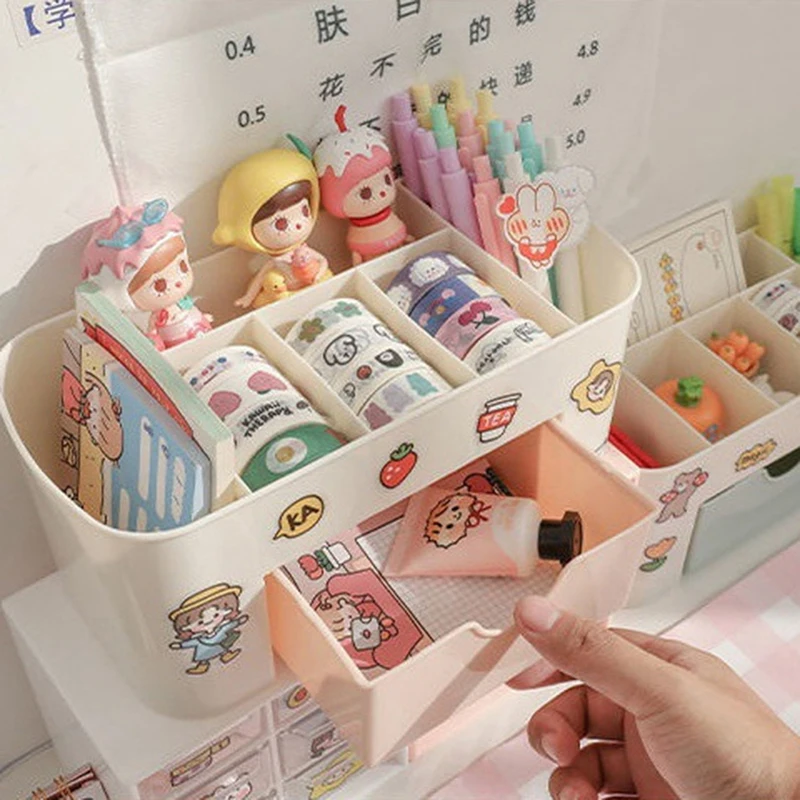 

Desktop Cosmetic Brush Storage Case With Drawer Makeup Jewelry Pens Desk Organize Box Plastic Organizers With Decorative Sticker