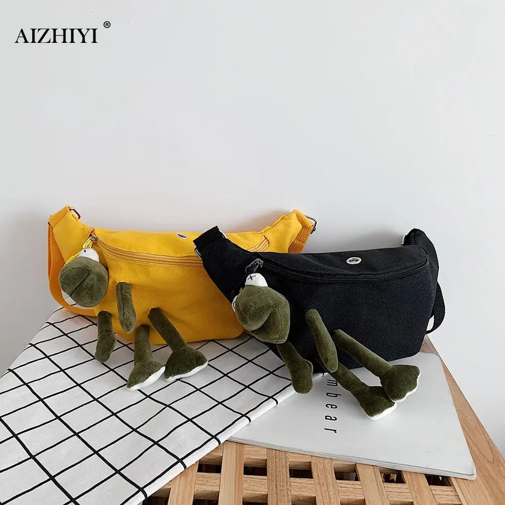 Creative Design Canvas Fanny Waist Belt Bag Women Classic Texture Chic Frog Doll Pendant Zipper Cute Shoulder Pouch |