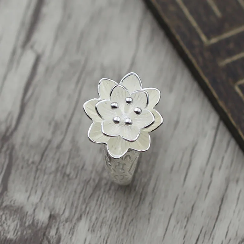

S925 Sterling Silver Jewelry Beautiful Simple Simple Lady Opening Adjustable Acupuncture Element Silver Personalized Lotus Ring