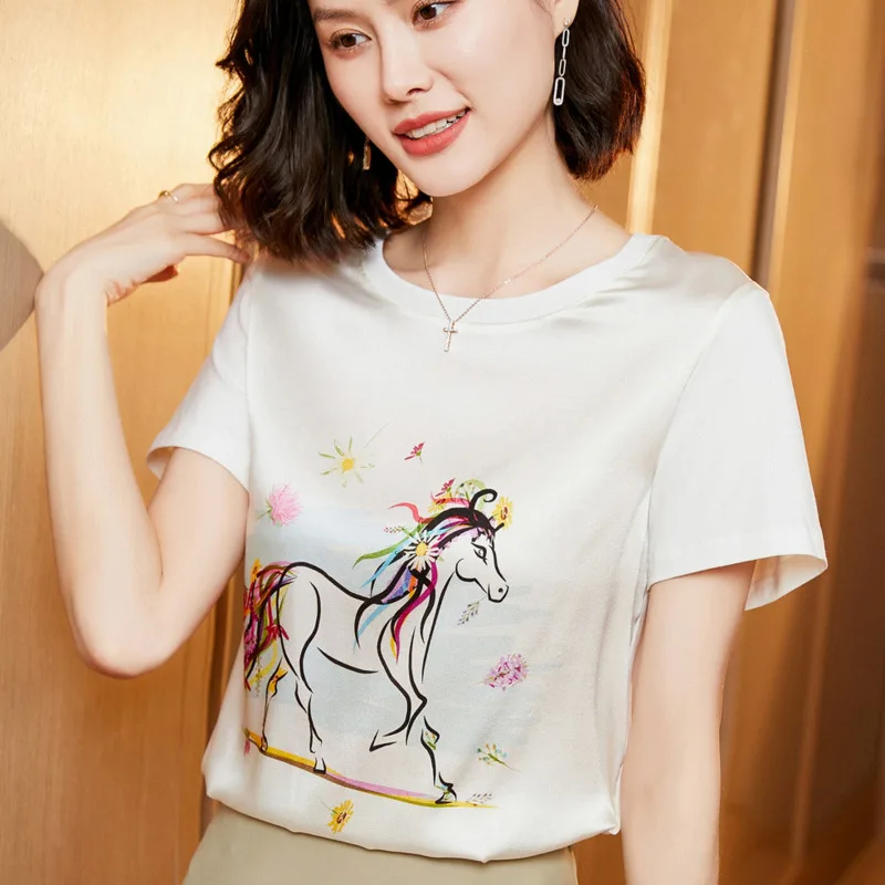 

High Quality Silk Women Soft Satin Casual T Shirt Short Sleeve O-Neck Animal Floral Print Top Camiseta Mujer 2021