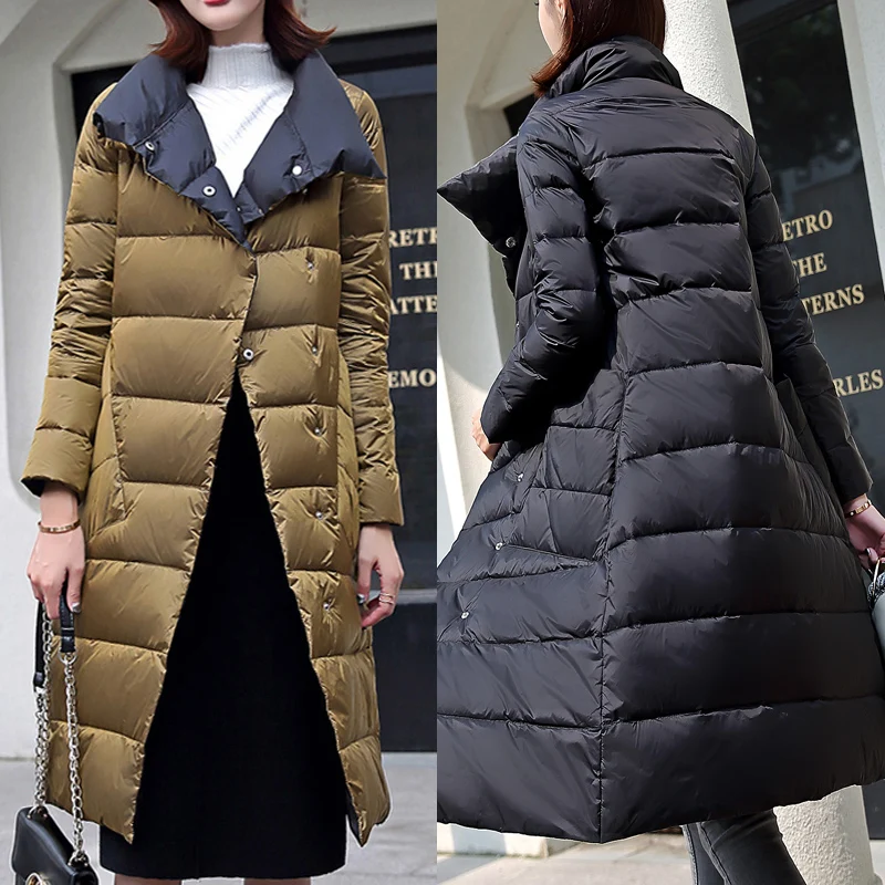 Golden and black Double Sided Women's Down Jacket Long Winter Turtleneck White Duck Down Coat Female Double Breasted Plus size Warm Plaid Parkas - Цвет: Golden and black