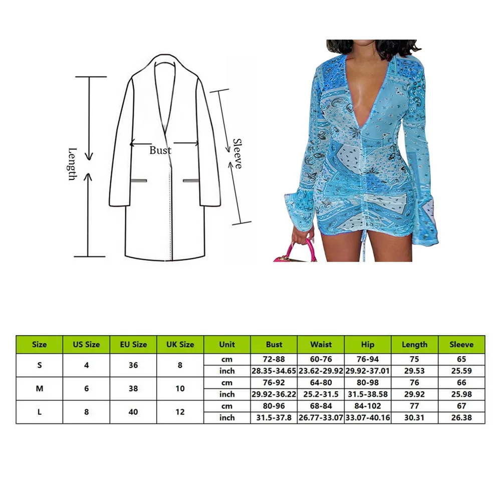 

Litthing Paisley Print Mesh See Through Mini Dress Birthday Outfit For Women Flare Sleeve Night Sexy Drawstring Bodycon Dresses