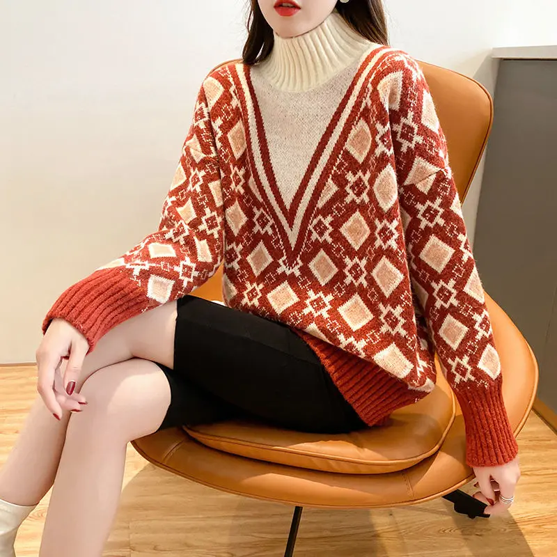 

Turtleneck Loose Sweater Women Korean Version 2021 Autumn And Winter New Retro Fashion Western Style Shirt Knitted Bottoming