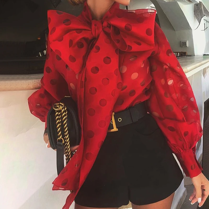 red TWOTWINSTYLE, повседневные женские блузки с рюшами, воротник-бабочка, фонарь, длинный рукав, на шнуровке, рубашки для женщин, мода, одежда - Цвет: red