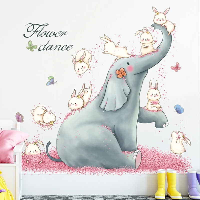 

large elephant with rabbit wall sticker for kids rooms self adhesive cartoon bunny nursery wall decal