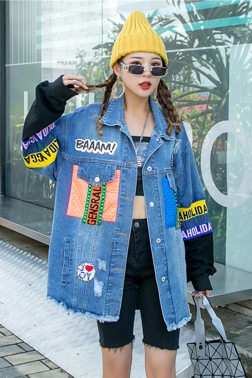 

Vefadisa Women Heavy Industry Cowboy Coat 2021 Autumn Winter Cartoons Letter Printing Coat Fashion Single-breasted Coat LHXX279