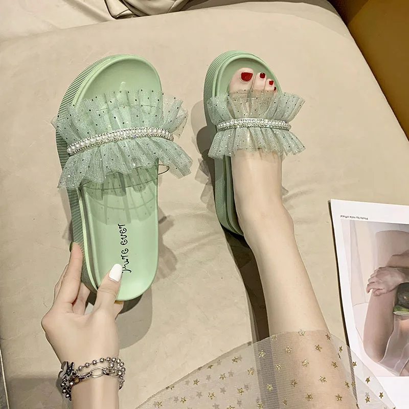 

Transparent Slippers Women's Shoes With Platform Slides String Bead Shale Female Beach Fashion Pantofle Flat Sabot Luxury 2021 C