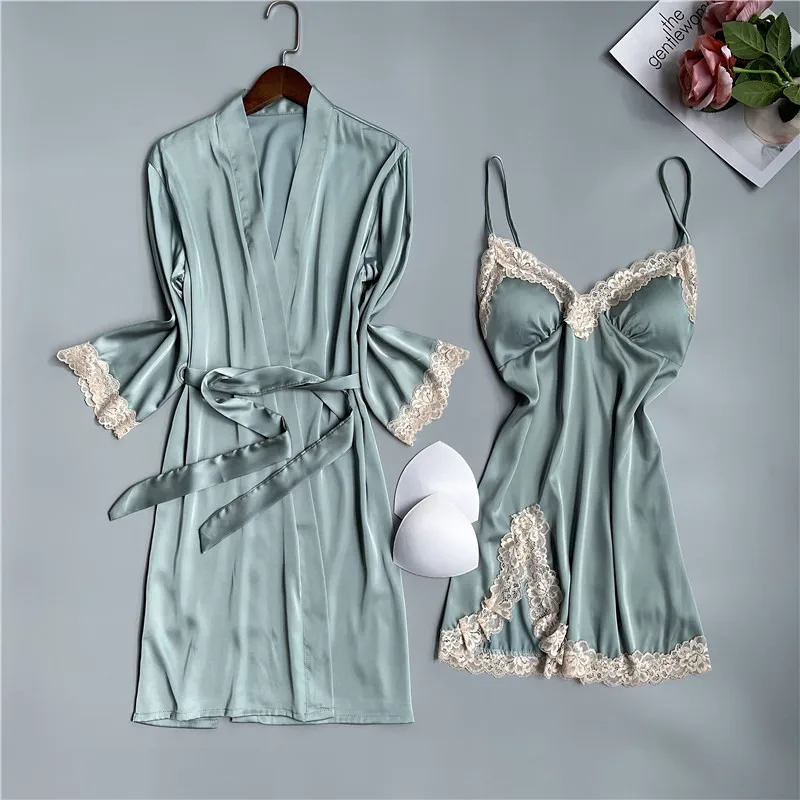 

Wedding Robe Women 2PCS Sleepwear Sexy Lace Knee-length V-neck Nightgown Kimono Bathrobe Gown Casual Loose Home Wear Sleep Set
