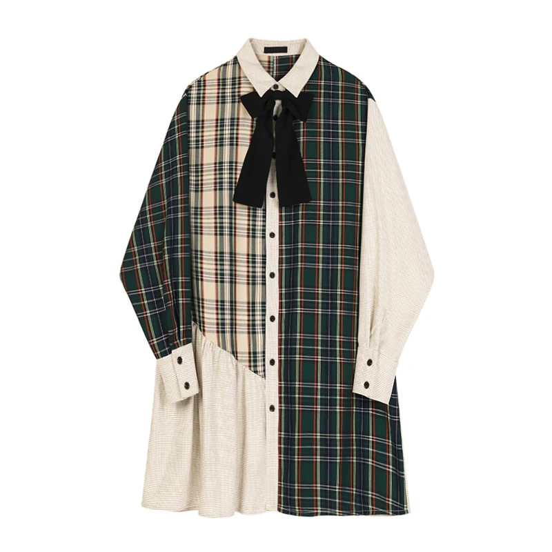 

Женское платье-рубашка контрастных цветов, платье-рубашка в клетку с длинным рукавом и бантом в французском студенческом стиле, новинка 2021