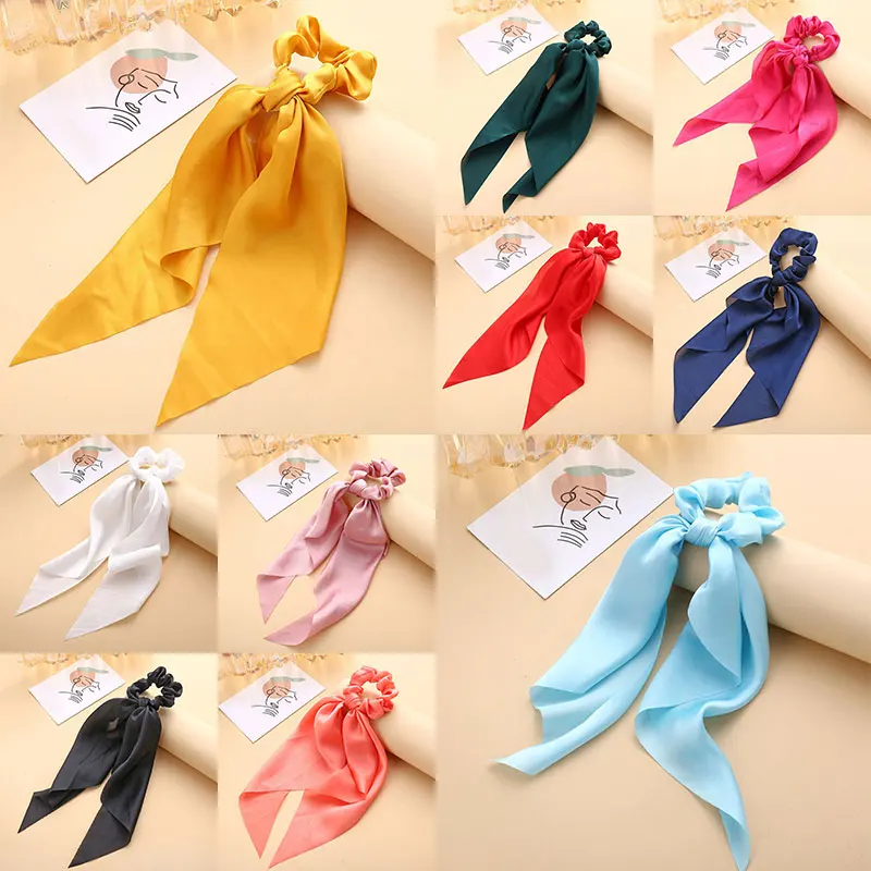 Fashion Bow Streamers Elastic Hair Bands Scrunchies Solid Color Silky Satin Knotted Hair Ties Women Girls Hair Accessories