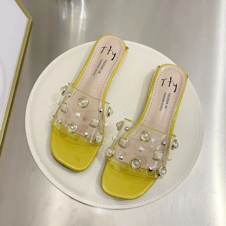 

String Bead Shoes Square heel Slippers Casual Low Slides Slipers Women Block Luxury 2021 Rubber Fabric PU Fashion Rome Hoof Heel