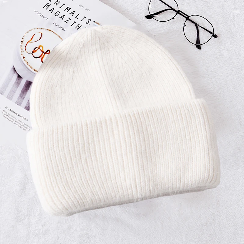 

2021 Winter Hat Solid Color Soft Beanies And Women's Hooded Warm Wool Hat Rabbit Fur Caps Cashmere Knitted Hats Skullies Beanies