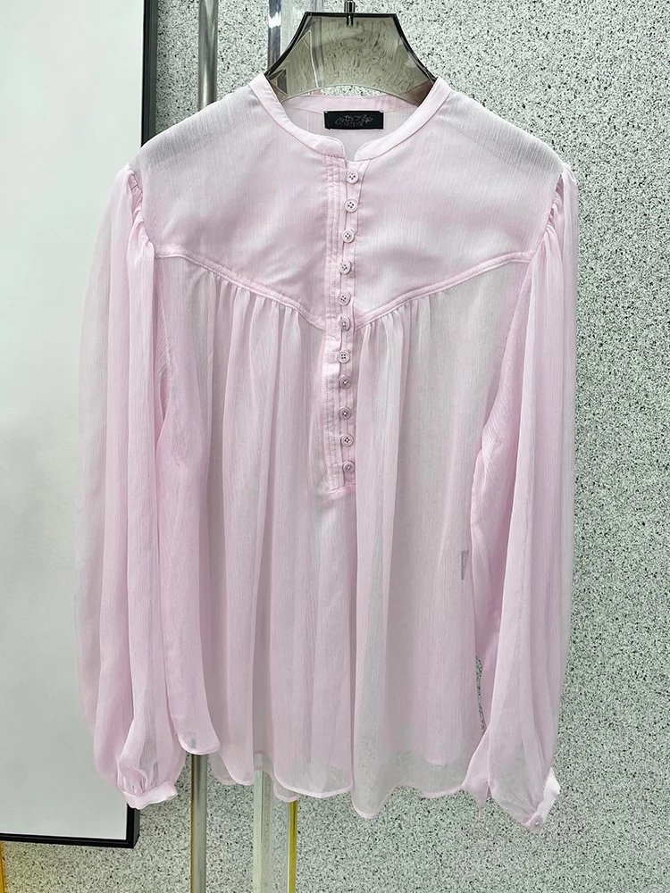 

French Casual Loose Lantern Sleeve White Shirt Silk Cotton O-Neck Drape Fold Stitching 2021 Summer Women's Clothing Commuter