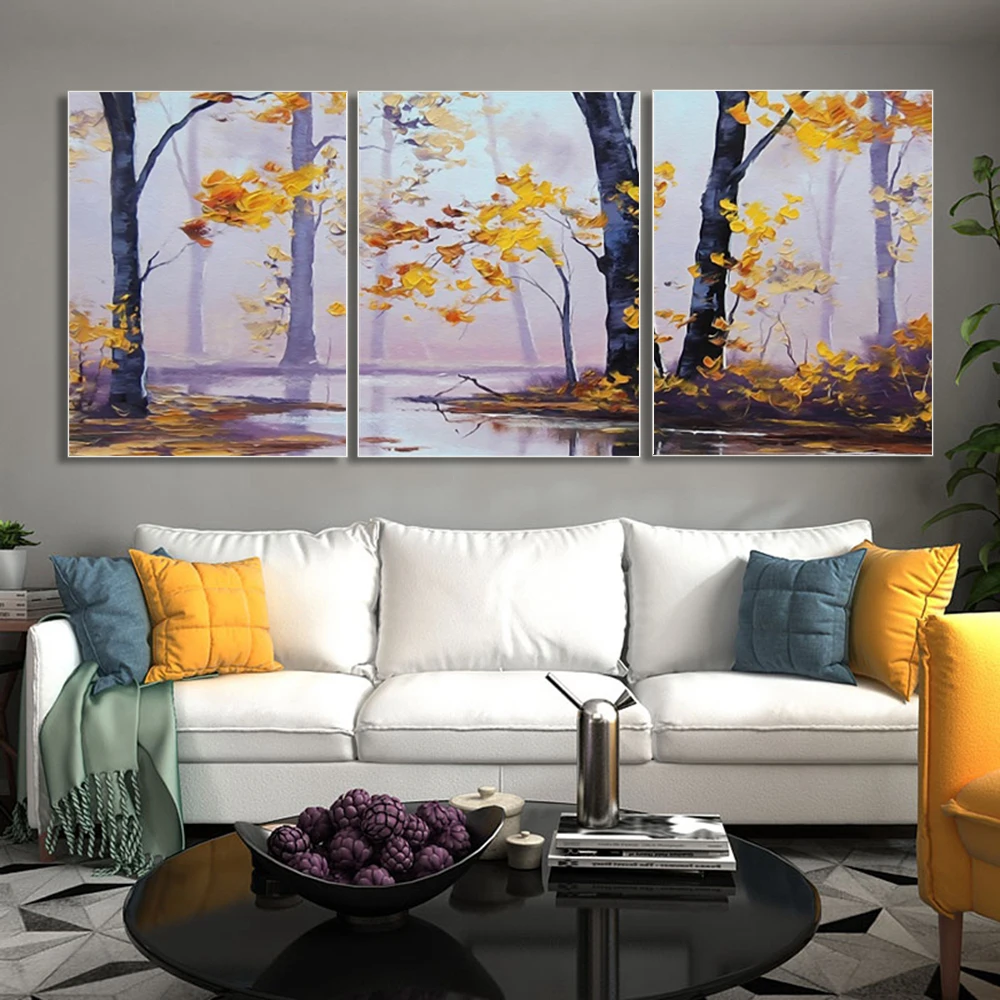 Laeacco холст живопись каллиграфия 3 панели деревья река стены искусства Осенние