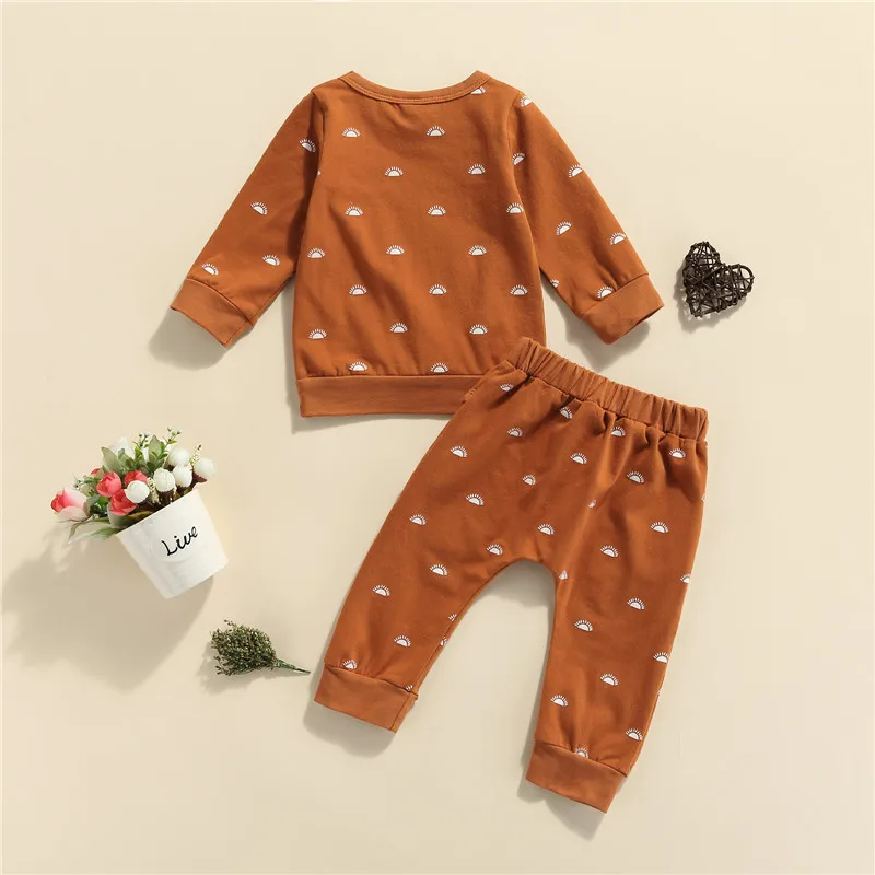 Spring Autumn Baby Boys Girls Clothes Sets 2pcs Sun Print Long Sleeve Pullover Sweatshirts Tops+Elastic Pants Tracksuits | Детская