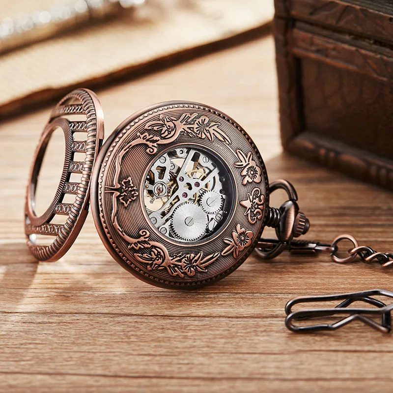 Hand-winding Mechanical Pocket Watch Men Women Fashion Roman Numerals Wood Hollow Fob Chain Steampunk Clock Skeleton Watch
