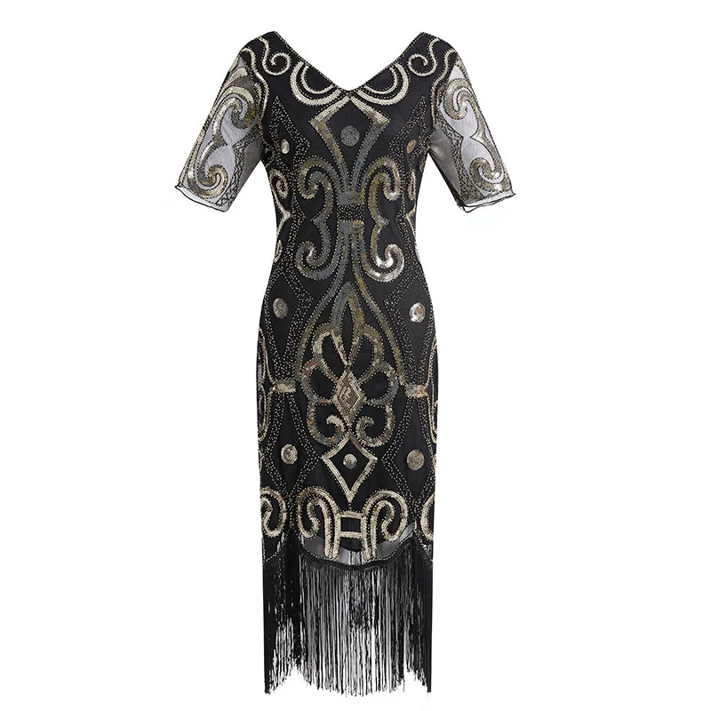Black Gold Dress 1920s платье Гэтсби с Блестками, Бисером, бахромой и Пейсли, винтажное платье, v-образный вырез, 20 s, вечерние аксессуары - Цвет: Black Gold Dress