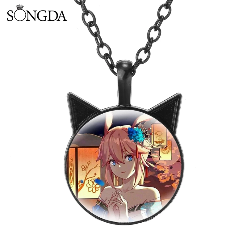 

Anime Honkai Impact 3 Cat Ear Pendant Necklace Glass Cabochon Art Photo Neck Chains Decoration Jewelry Trendy Teens Accessories