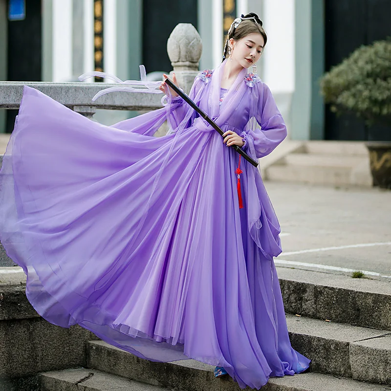 

Традиционная китайская одежда, новинка, Женский комплект Hanfu, женское студенческое платье, Женская кружевная шифоновая фиолетовая танцевал...