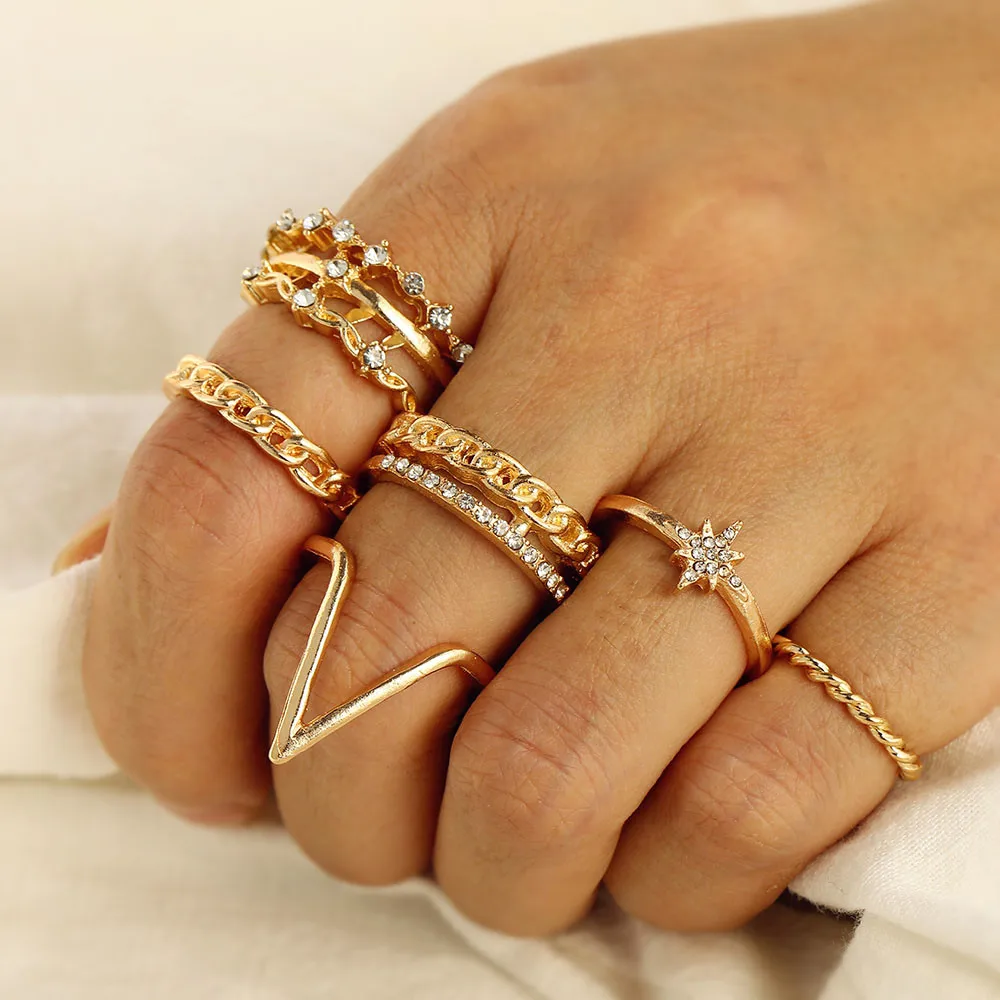 

Aqntique Gold Color Chain Midi Zircon Ring Sets for Women Boho Beach Vintage Punk Knuckle Rings Fashion Jewelry 9pcs/Set