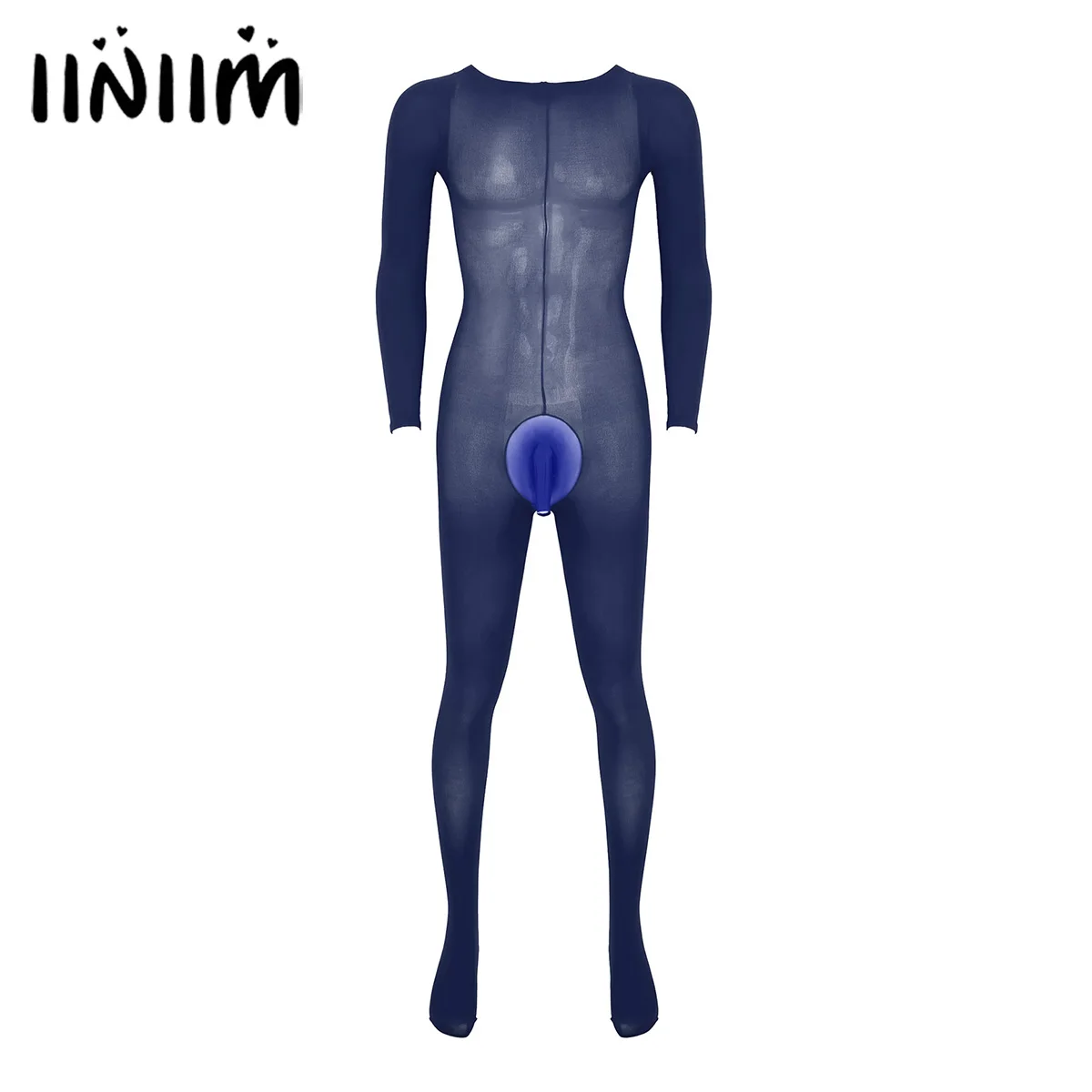 

Men Male Exotic Teddies Bulge Pouch Stretchy Bodystocking Solid Color Round Neck Long Sleeve Bodysuit Underwear Nightwear