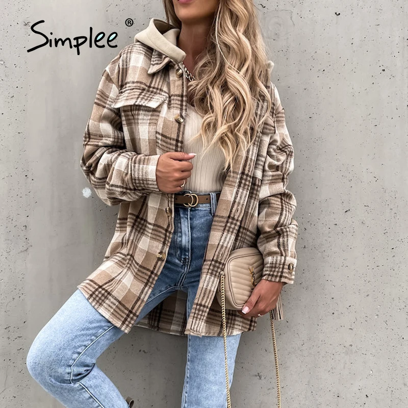 

Simplee Повседневная клетчатая Свободная куртка с капюшоном для женщин, Офисная Женская куртка цвета хаки с карманами и пуговицами, Осеннее же...