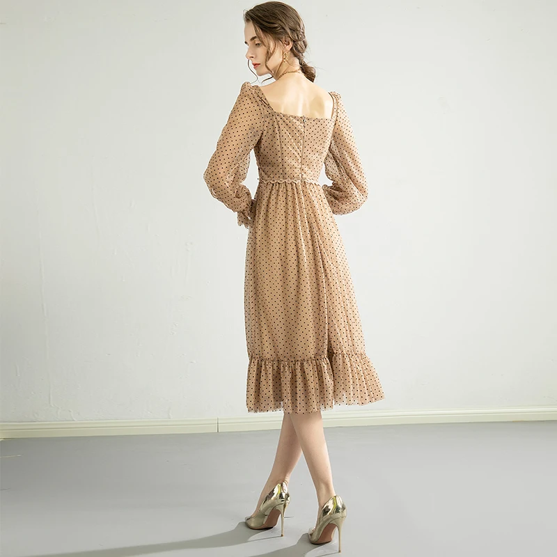 

Retro Dress French Women Square Collar Lantern Sleeve Buttons Midi Long Polka Dot Chiffon Dresses Vestidos