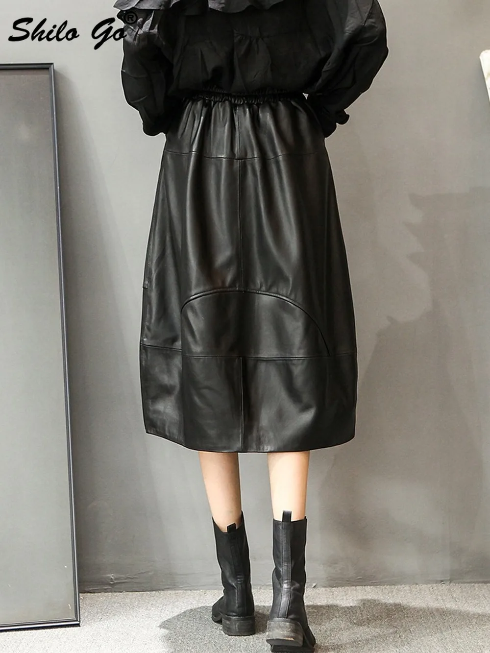 

Elegant Elastic Waist Concise Mid-Calf Length Skirts Womens Streetwear Office Lady Genuine Leather Skirt Casual Sheepskin Skirts