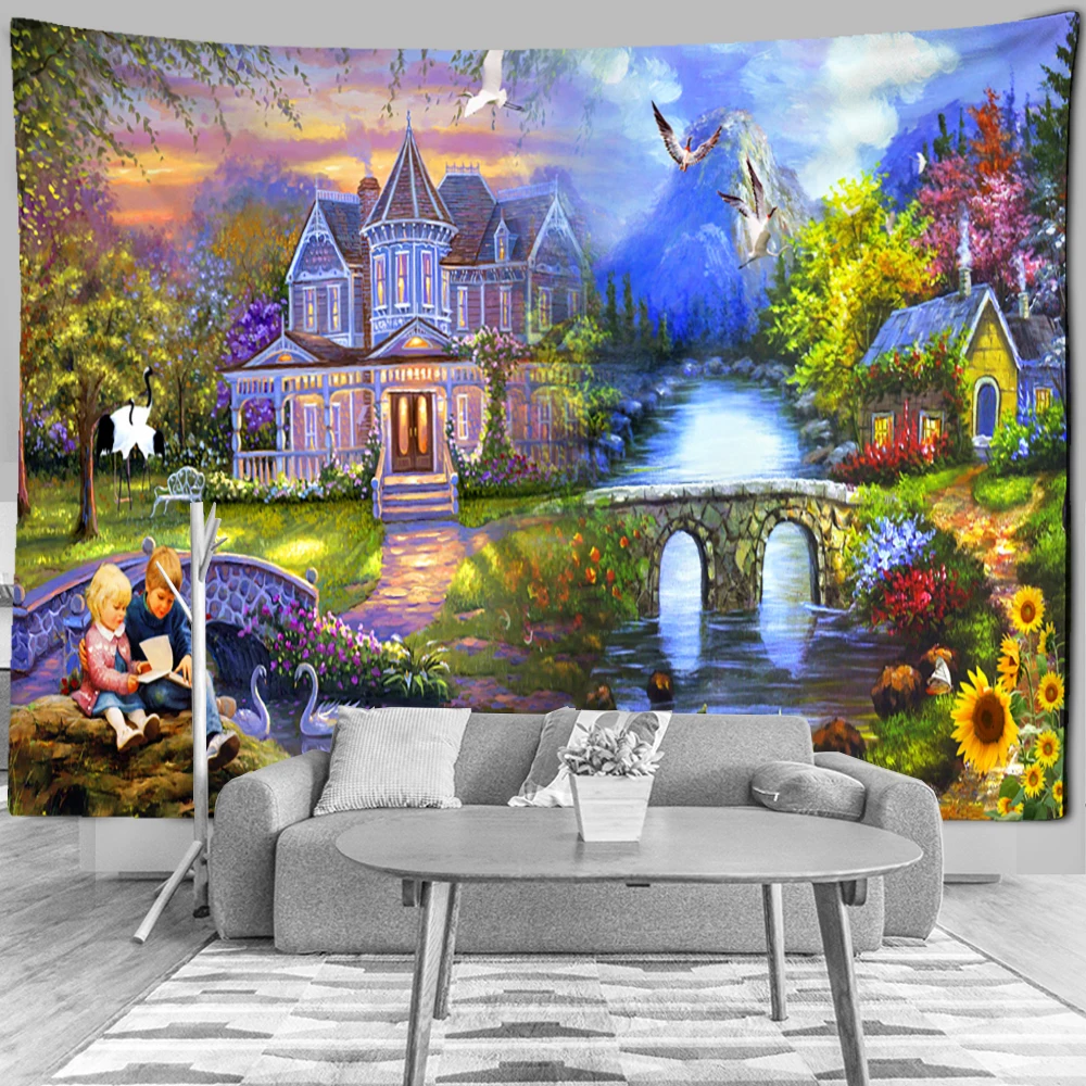 

Castle Oil Painting Tapestry Bohemian Art Psychedelic Witchcraft Tapiz Hippie Mystery Wall Hanging Decor