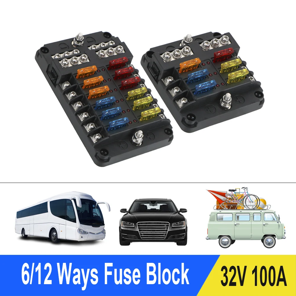 12V 32V Fuse Holder Box With LED Indicator Light M5 Stud Plastic Cover 6 Ways 12 Ways Blade Fuse Block For Auto Car Marine