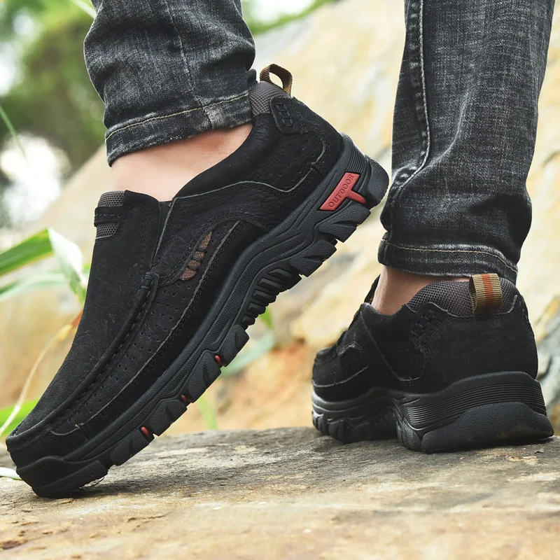 Gomaround Мужская дышащая обувь без шнуровки для пеших прогулок кожаная альпинизма