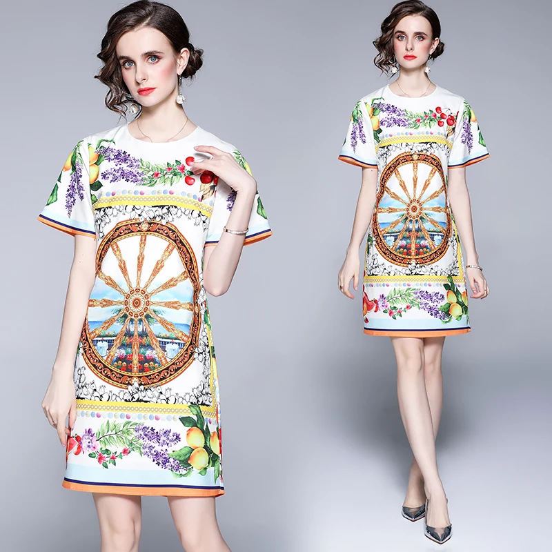 

Dresses Women Midi Dress Elegant Office Lady A-LINE ONeck Summer2021Young Print SHORT Empire Clothing Pullover Vintage plus size