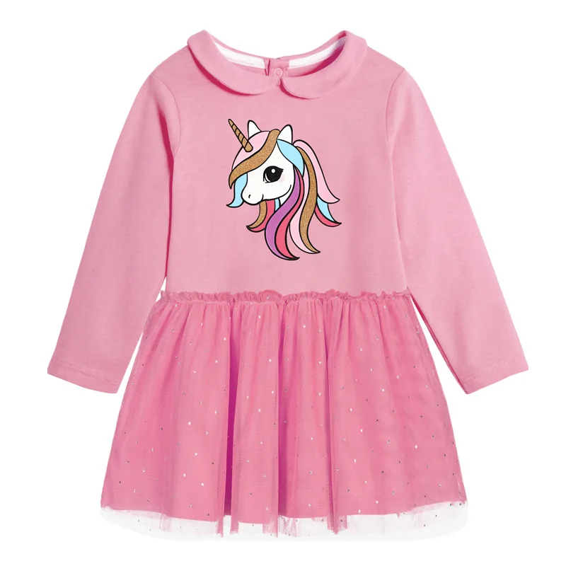 

Little maven Autumn Long Sleeve Dress Girls Clothe Cute Unicorn Net-yarn Lapel Cotton Buttons Pink Casual Dresses 2-7years