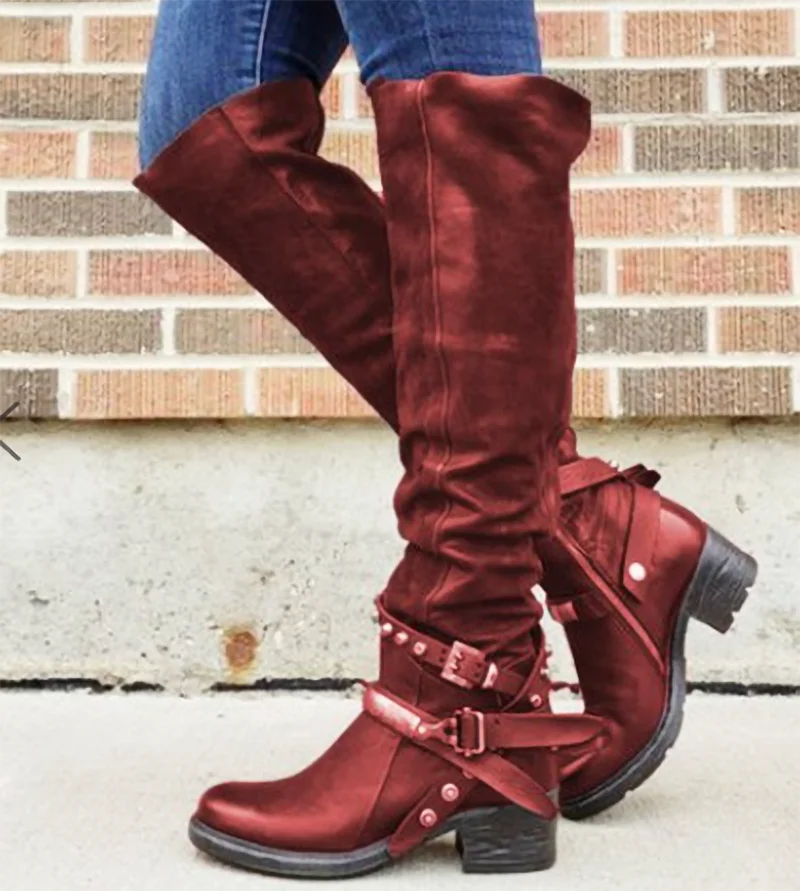 

2019 Women Boots Low Heel Knee High Boots Buckle Shoes Vintage PU Leather Booties Rivets Buckle Woman Mujer Zapatos Botas Mujer