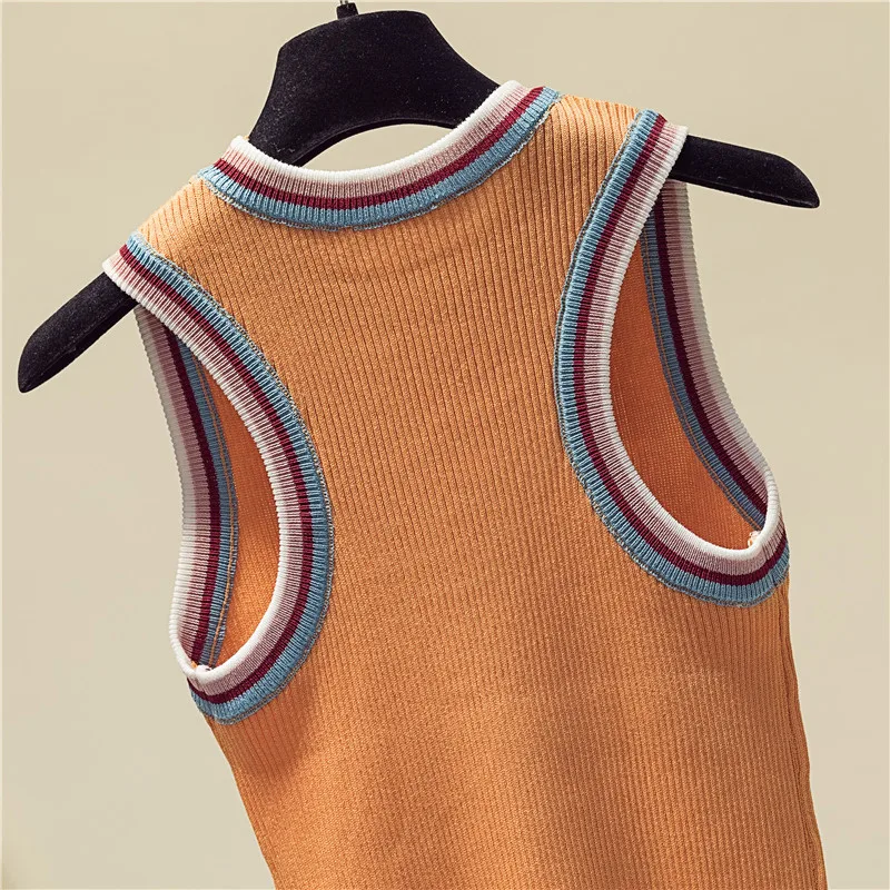 women Striped Color collision knitted vest female lady Girls suspenders waistcoats thin summer ice silk sleeveless Tank Tops