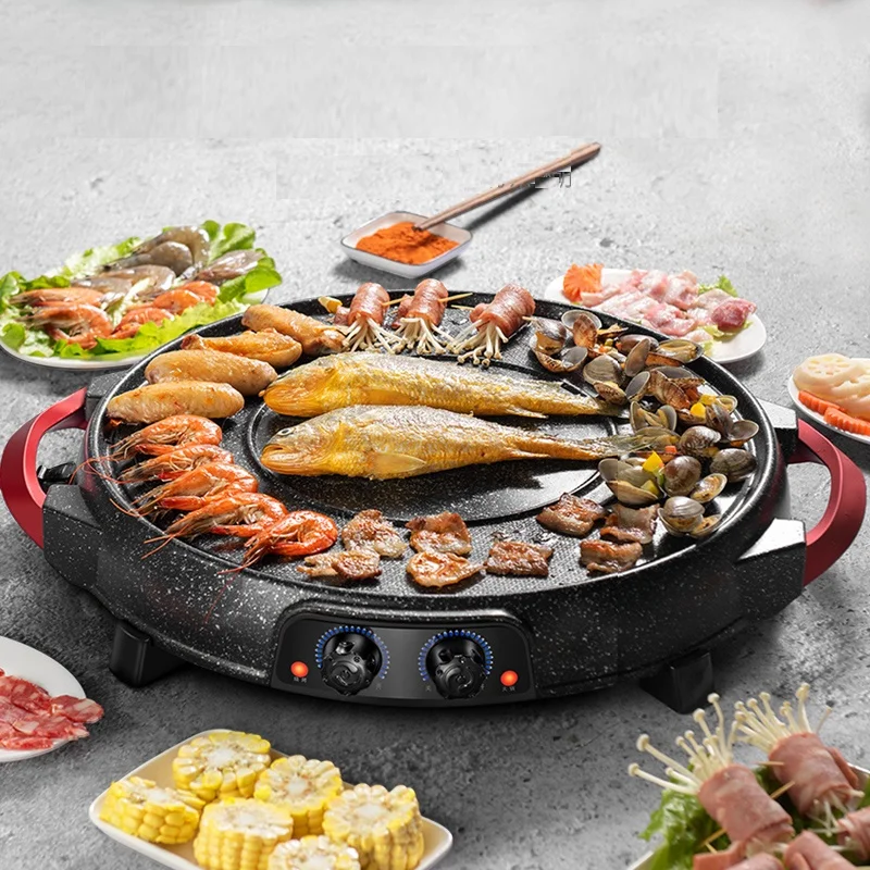 220v electric barbecue grill machine 2 in 1 hotpot non stick household multi cooker pan hot pot two flaver hot pot free global shipping