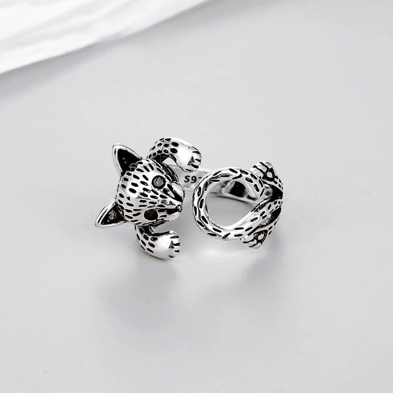 

Retro fashion personality women's Thai silver open cat ring red crystal eyes casual party plated hip-hop animal ring jewelry