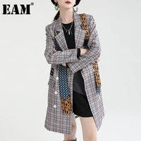 eam women black printed plaid long blazer new lapel long sleeve loose fit jacket fashion tide spring autumn 2022 1de3656