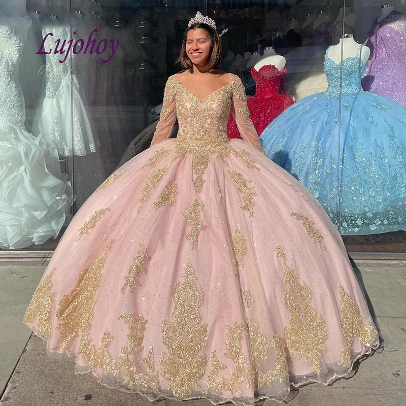 

Pink Long Sleeve Lace Quinceanera Dresses Ball Gown Mexican Tulle Plus Size Princess Masquerade Sweet 16 Prom Dress 15 year old