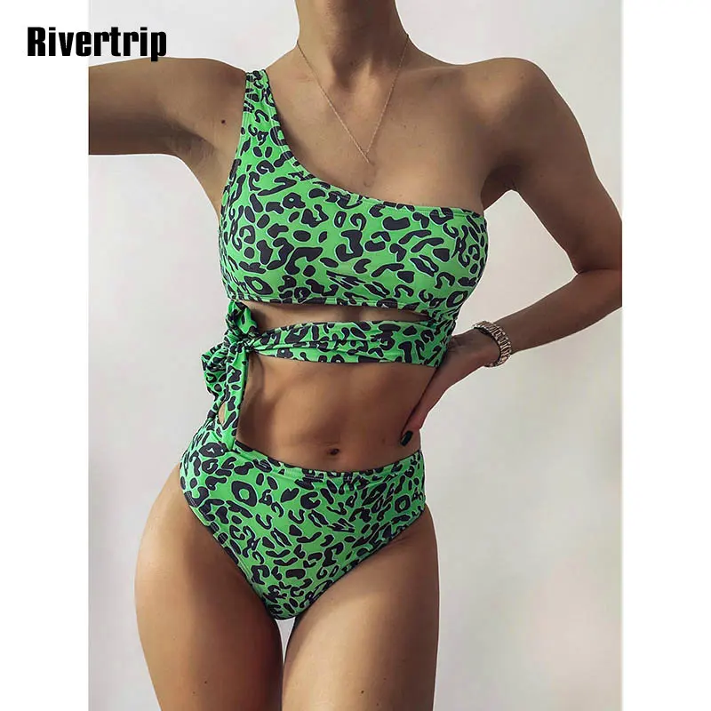 

Rivertrip Push Up Bikinis One Shoulder Swimsuits Women High Waist Swimwear Leopard Bathing Suits Cut Out Beachwear Summer New