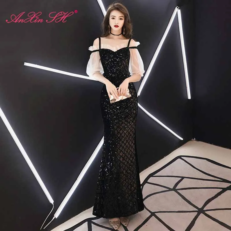 AnXin SH принцессы Черно-белое кружевное платье с оборками Труба вечернее вечерние