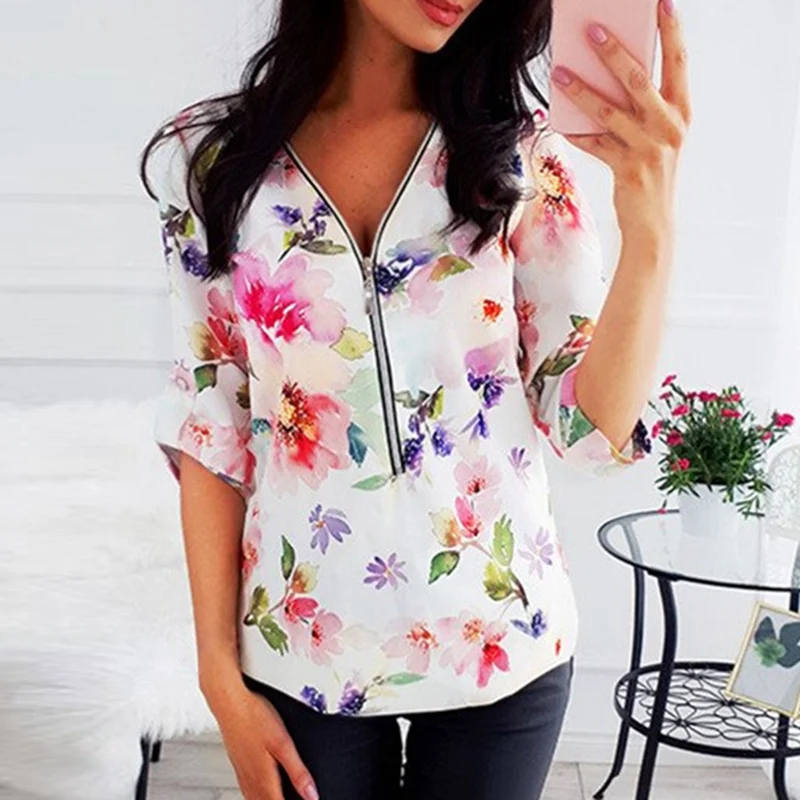 Осенние женские рубашки на молнии с длинным рукавом сексуальные топы v-образным